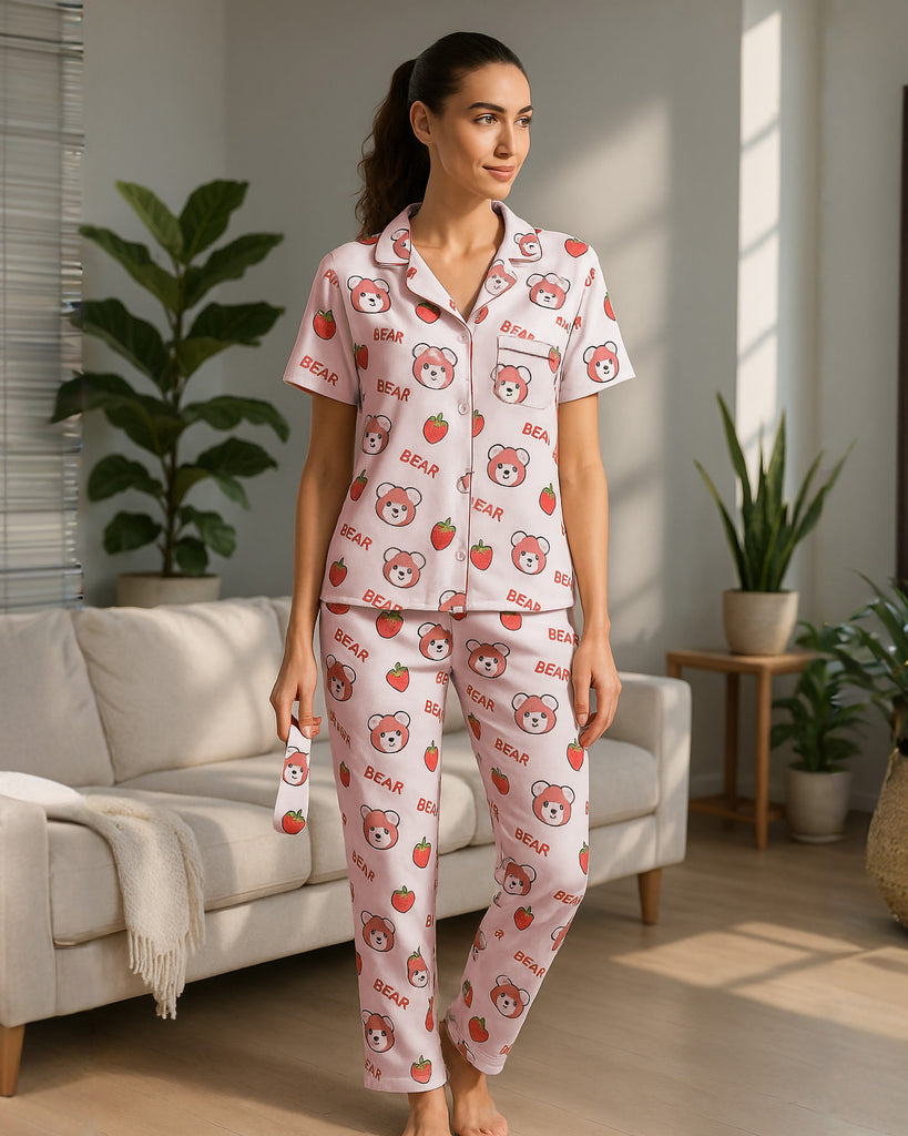 Strawberry Bear Pajama Set | Rose Pink - Eva Fashion - Online Clothing Store for Women