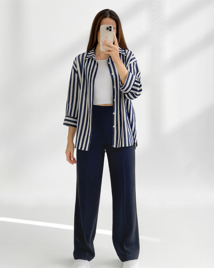 Striped Elegance Two-Piece Set | Dark Blue - Eva Fashion - Online Clothing Store for Women