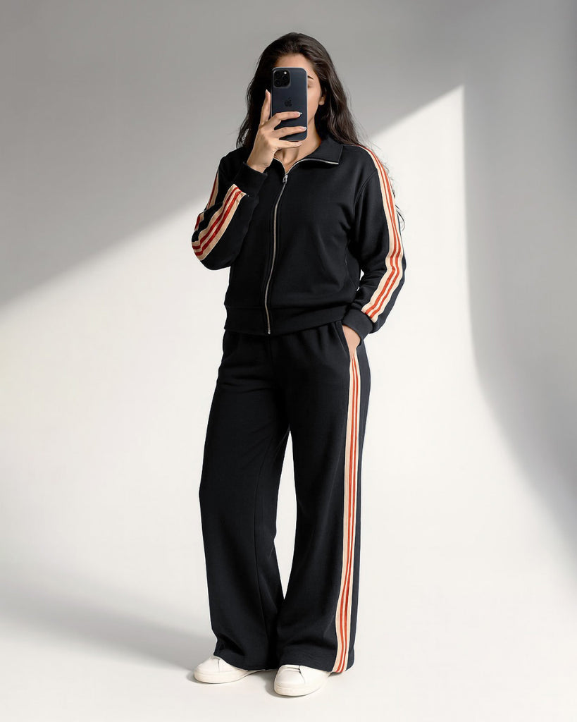 Bold Stripe Zip Tracksuit | Black - Eva Fashion - Online Clothing Store for Women