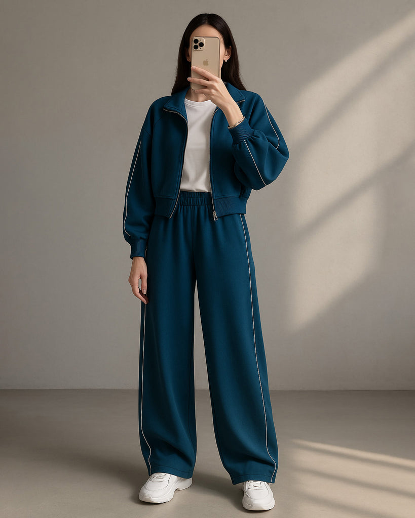 Relaxed Fit Piping Tracksuit | Navy Green - Eva Fashion - Online Clothing Store for Women