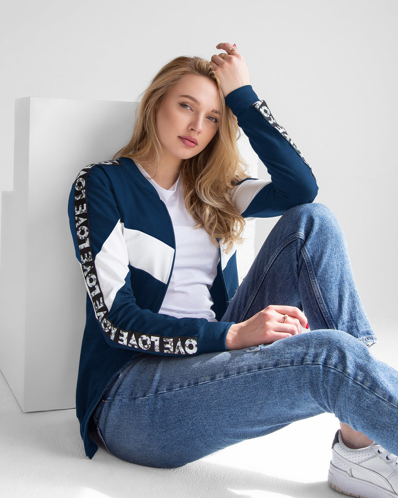 Contrast Panel LOVE Zip Jacket | Dark Blue - Eva Fashion - Online Clothing Store for Women
