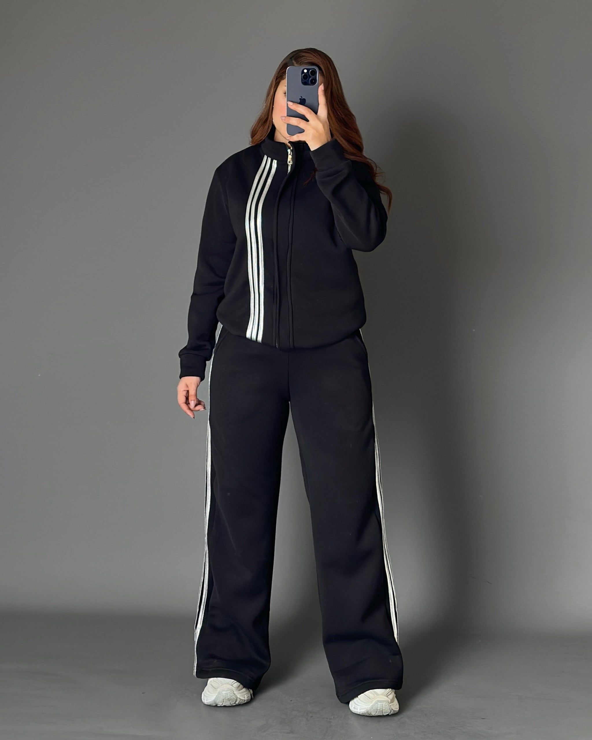 Triple Stripe Zip-Up Tracksuit | Black - Eva Fashion - Online Clothing Store for Women