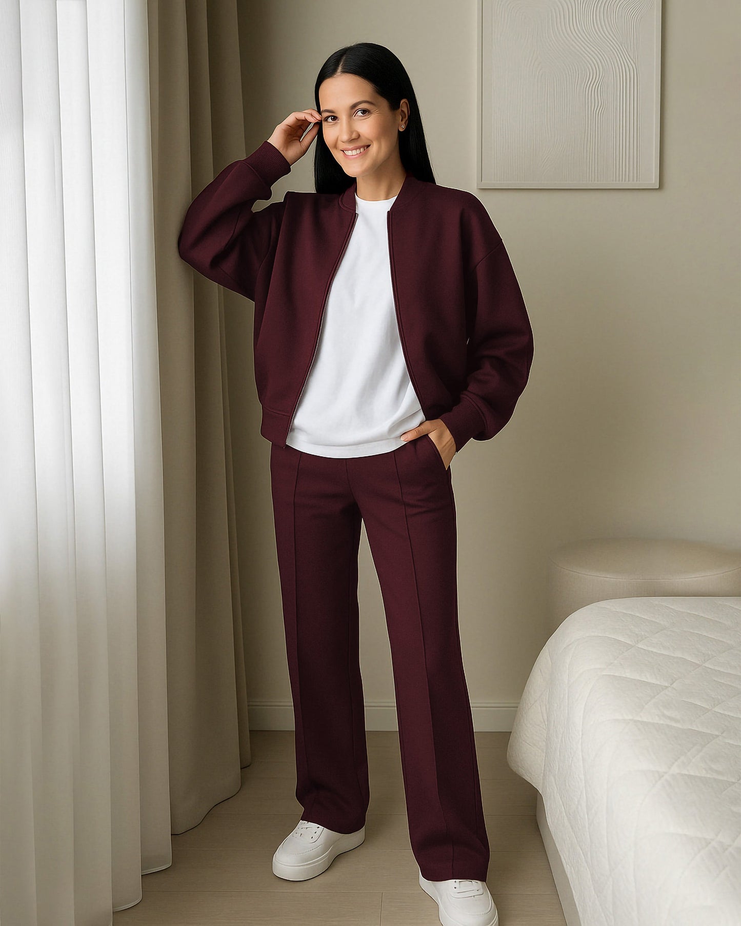 Minimalist Zip Tracksuit | Burgundy - Eva Fashion - Online Clothing Store for Women