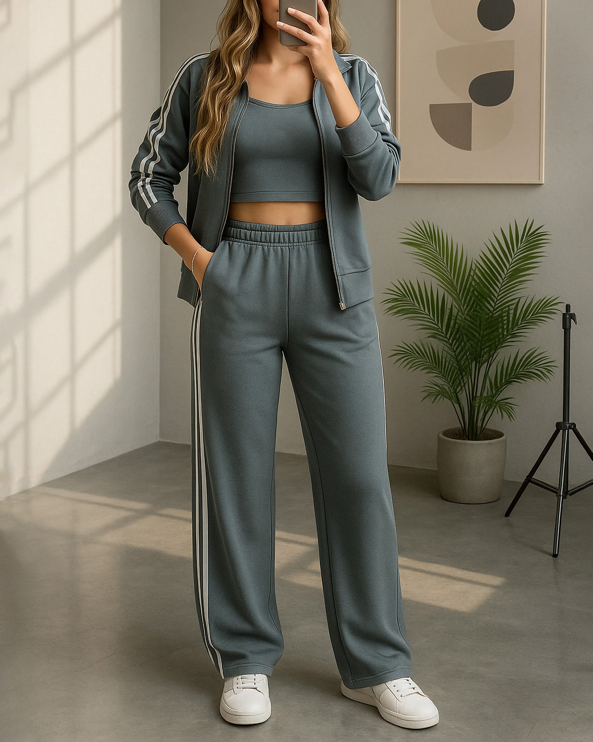 Double Stripe Zip Tracksuit | Grey - Eva Fashion - Online Clothing Store for Women