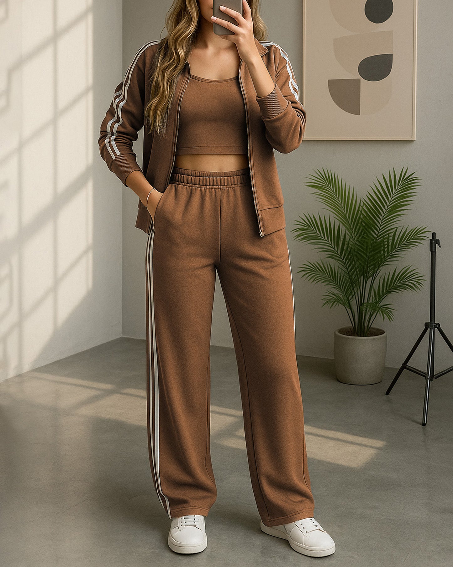 Double Stripe Zip Tracksuit | Brown - Eva Fashion - Online Clothing Store for Women