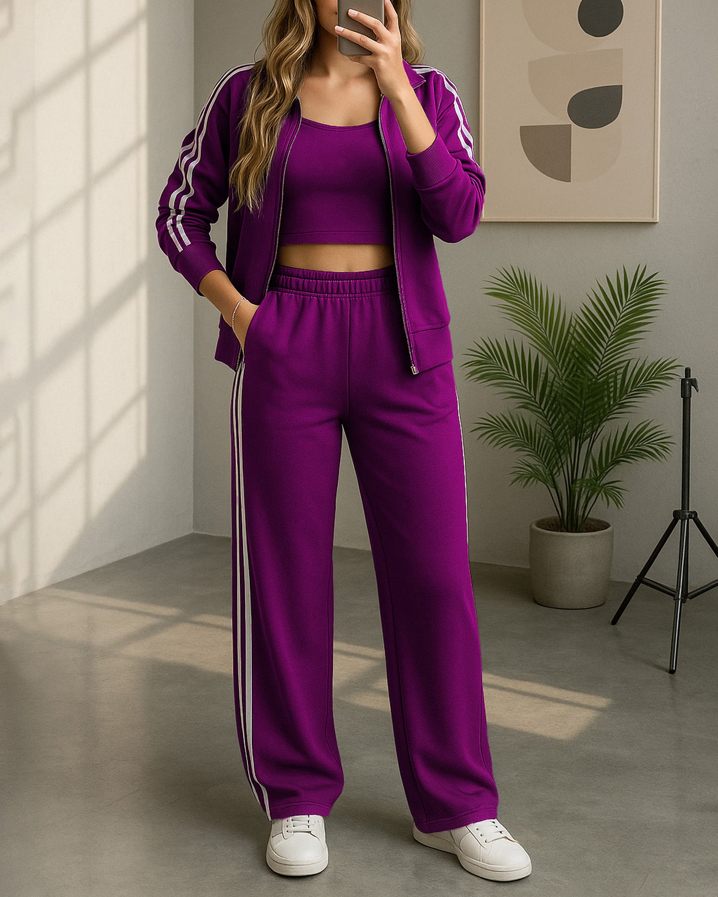 Double Stripe Zip Tracksuit | Purple - Eva Fashion - Online Clothing Store for Women