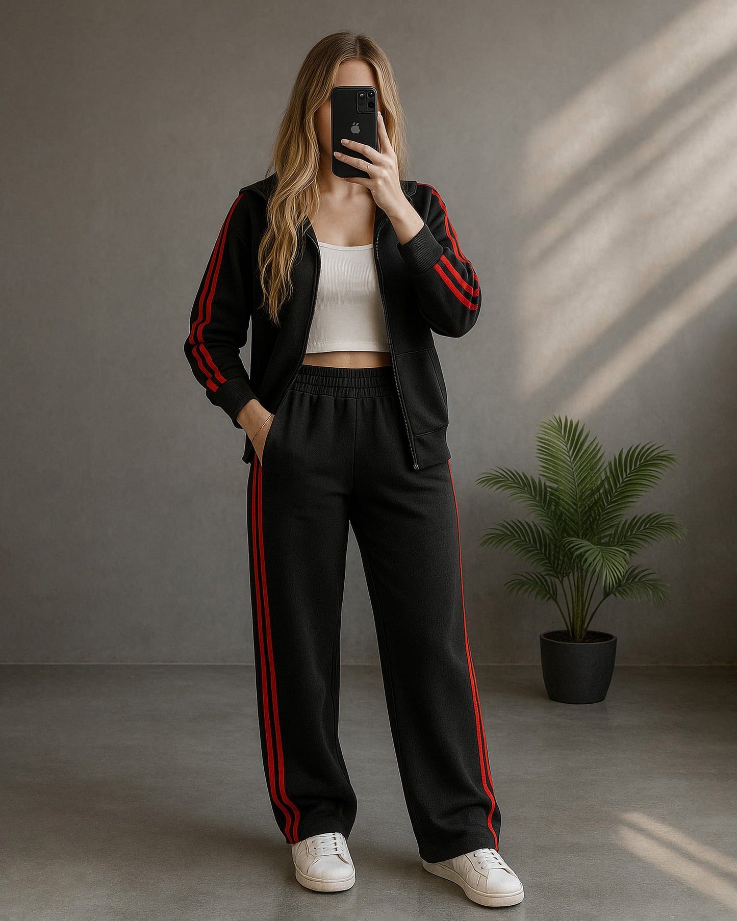 Red Stripe Zip-Up Tracksuit | Black - Eva Fashion - Online Clothing Store for Women