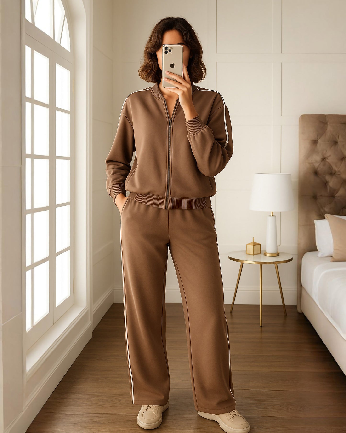 Zip-Up Side Stripe Tracksuit | Brown - Eva Fashion - Online Clothing Store for Women