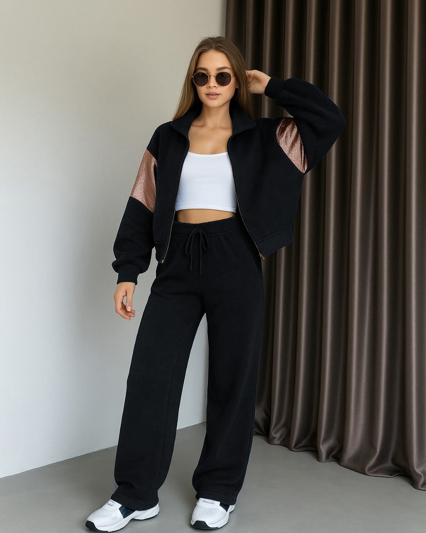 Metallic Sleeve Tracksuit Set | Black - Eva Fashion - Online Clothing Store for Women