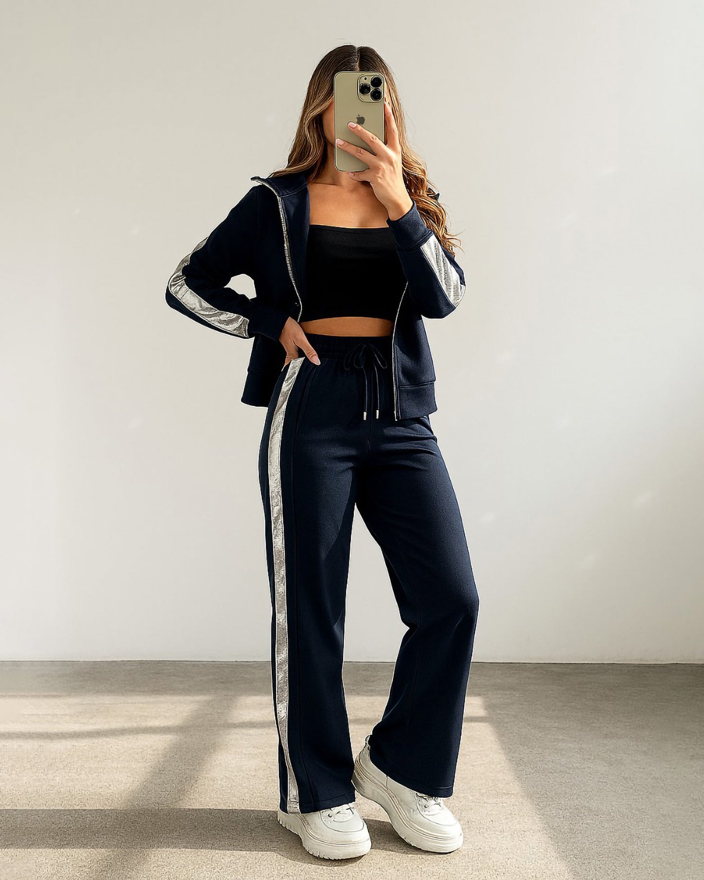 Silver Stripe Zip Tracksuit | Dark Blue - Eva Fashion - Online Clothing Store for Women