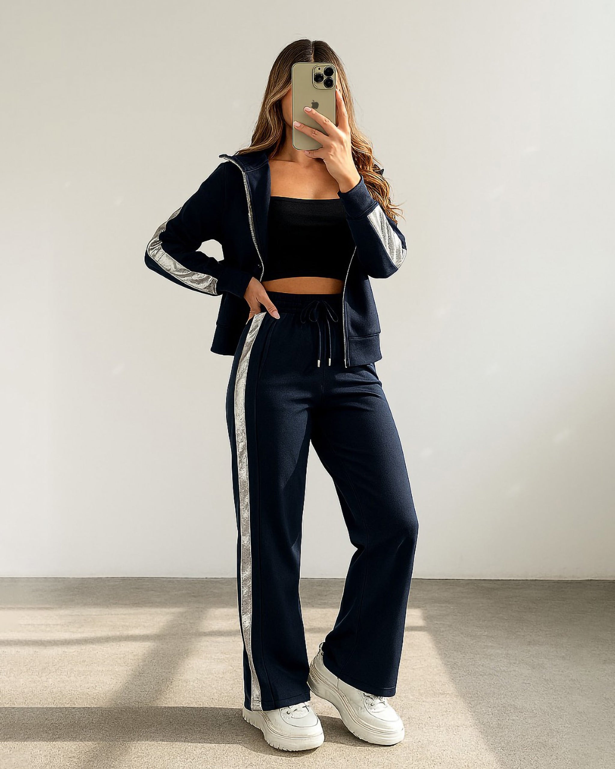 Silver Stripe Zip Tracksuit | Dark Blue - Eva Fashion - Online Clothing Store for Women