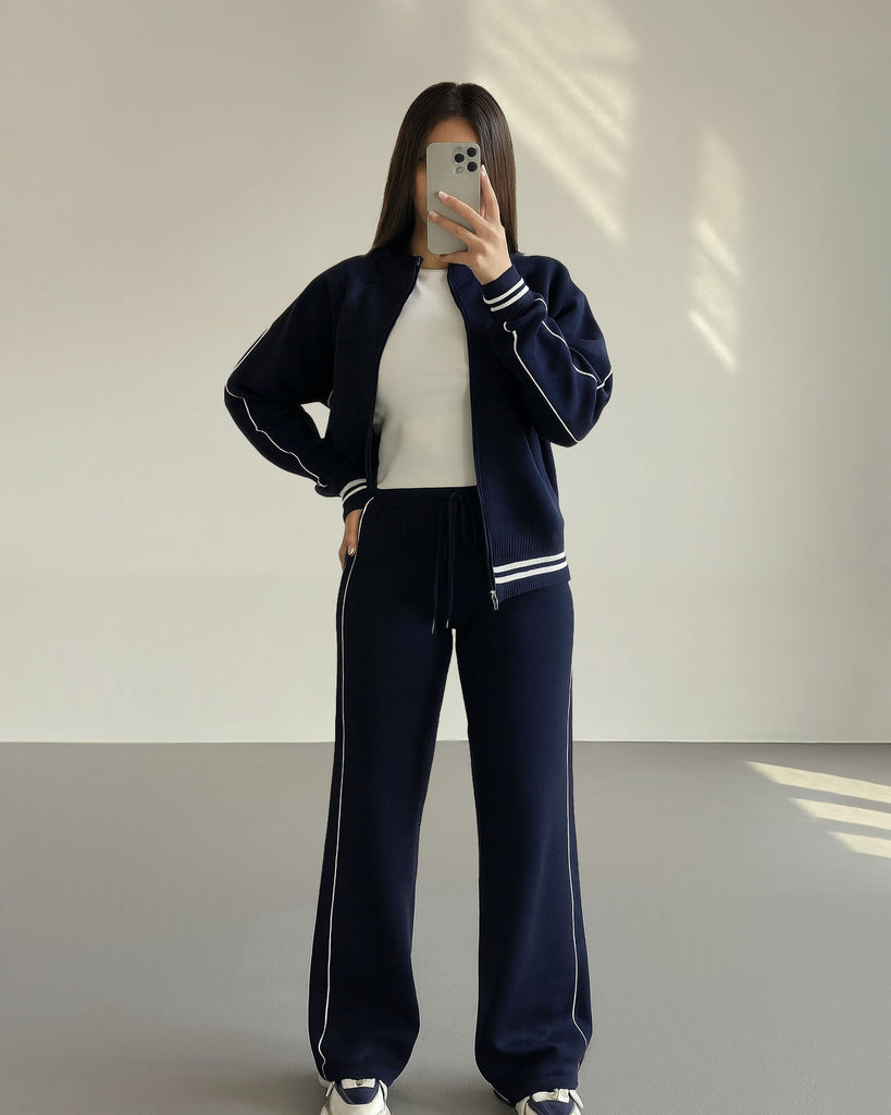 Striped Edge Zip-Up Tracksuit | Dark Blue - Eva Fashion - Online Clothing Store for Women