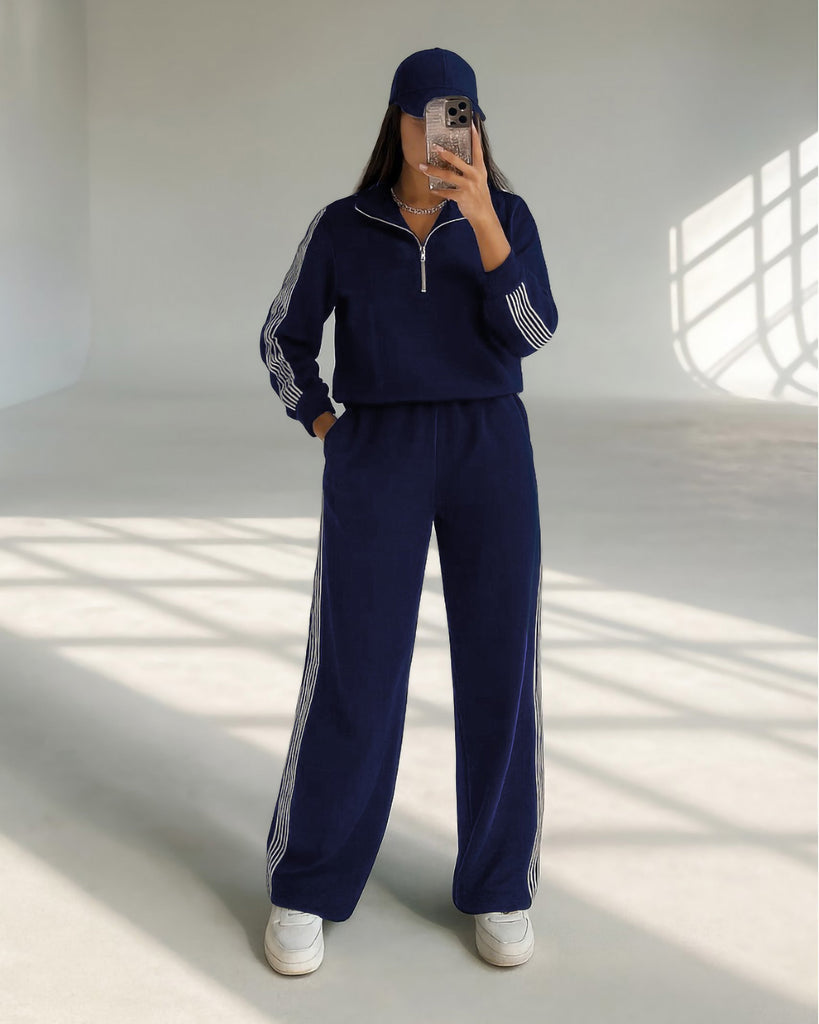Half-Zip Striped Tracksuit | Dark Blue - Eva Fashion - Online Clothing Store for Women