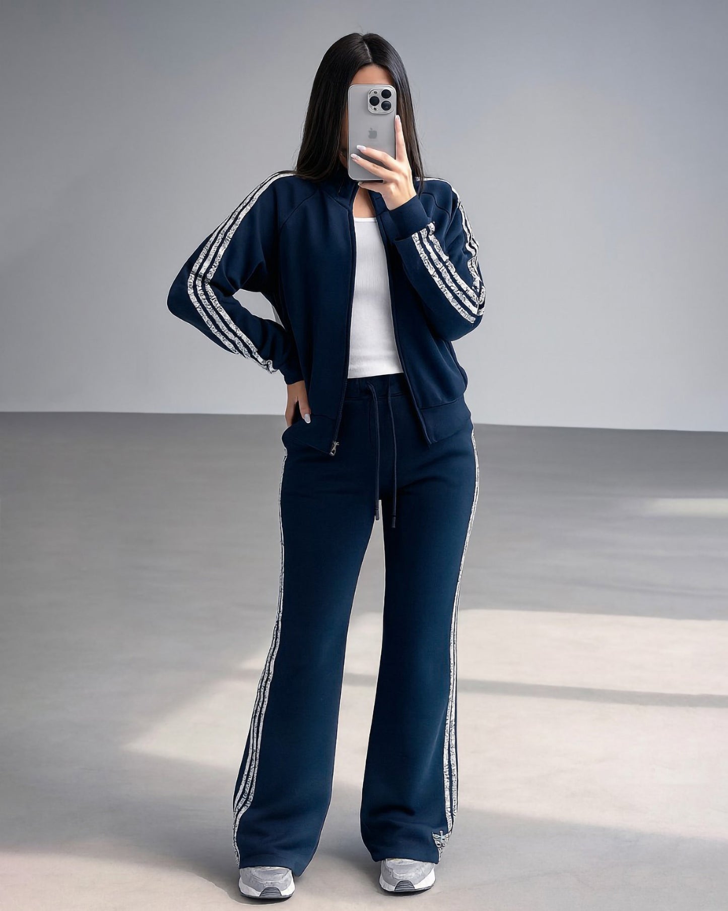 Shadow Stripe Zip-Up Set | Dark Blue - Eva Fashion - Online Clothing Store for Women