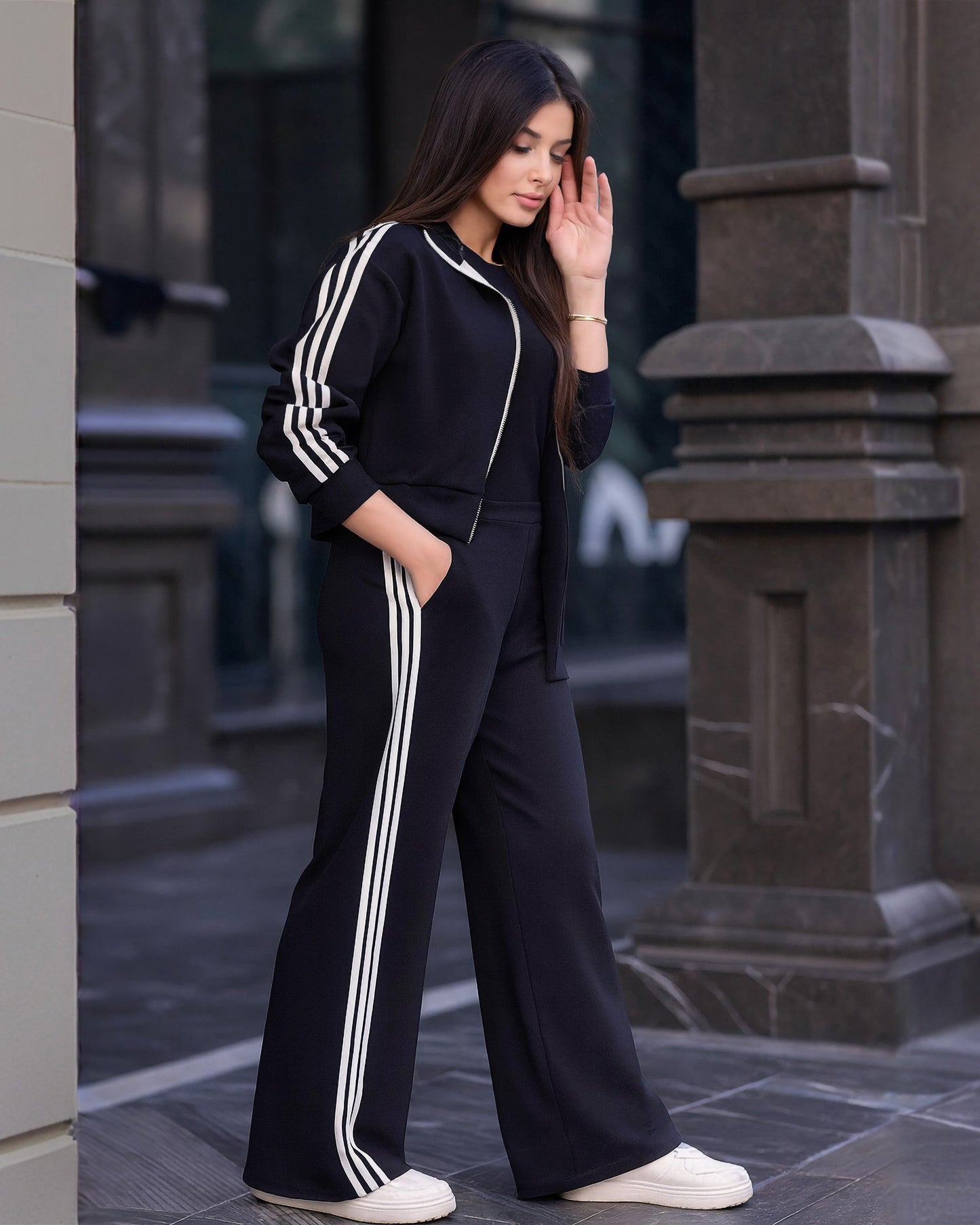 Triple Stripe Zip Tracksuit | Black - Eva Fashion - Online Clothing Store for Women