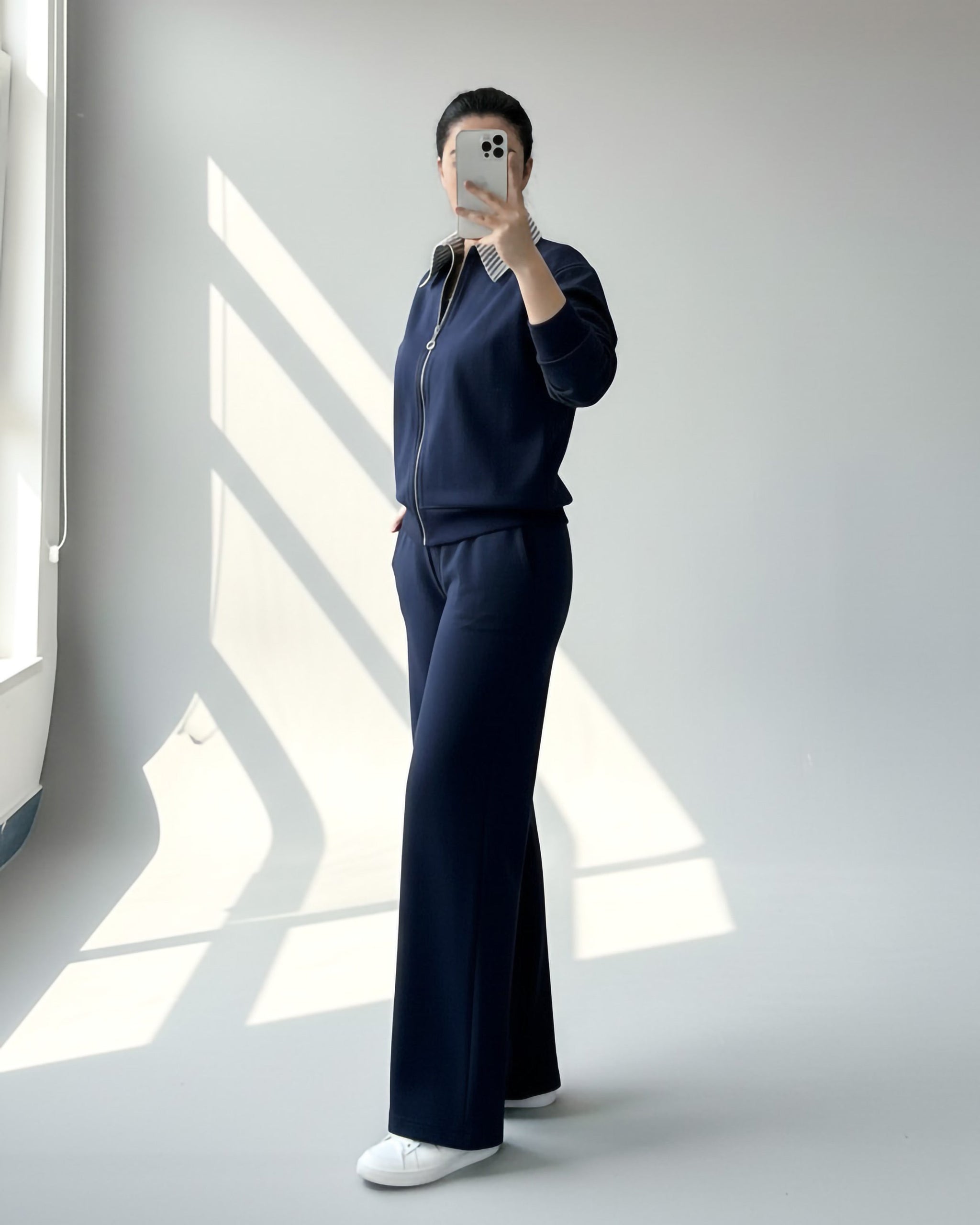 Striped Collar Zip Tracksuit | Dark Blue - Eva Fashion - Online Clothing Store for Women