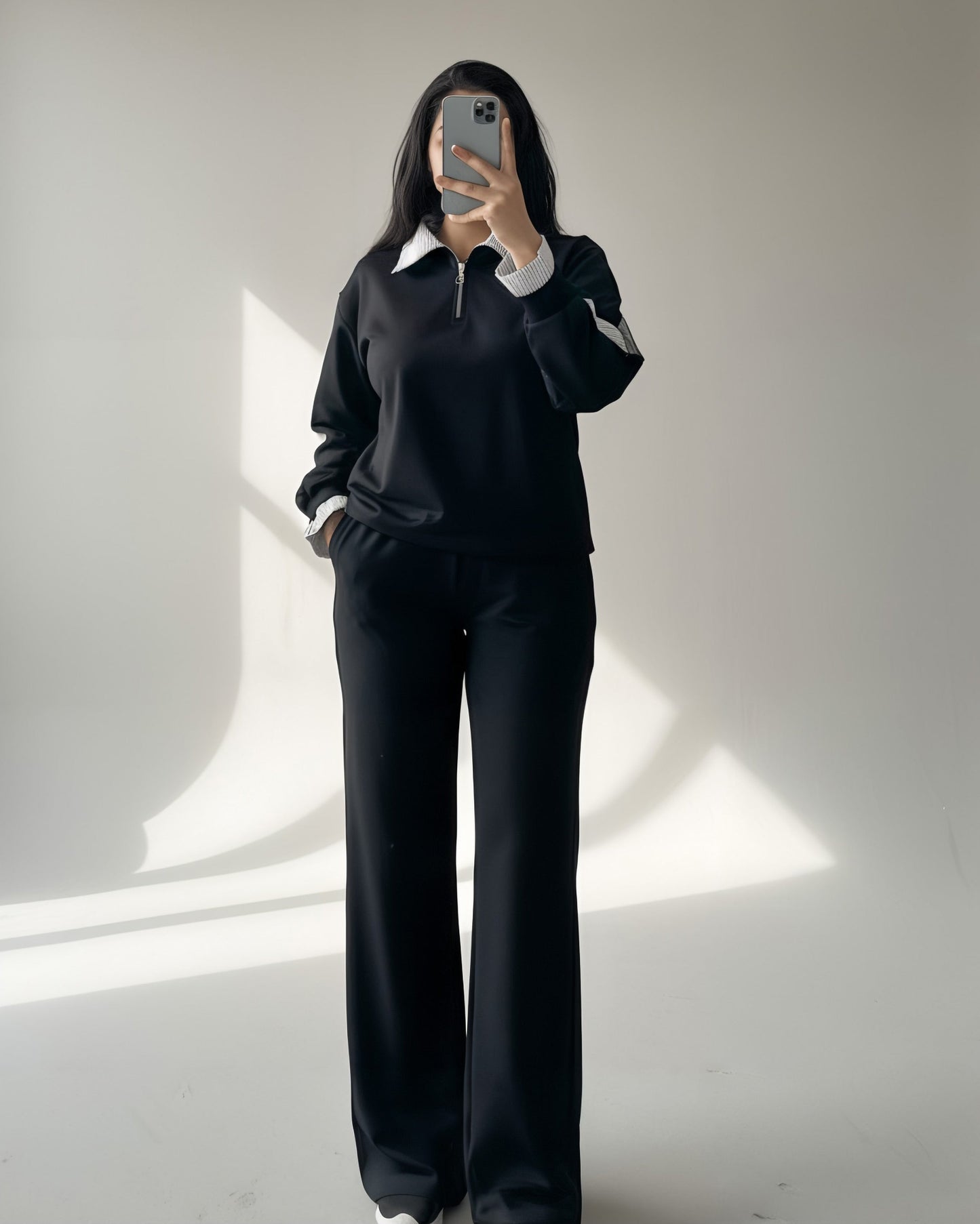 Striped Collar Panel Set | Black - Eva Fashion - Online Clothing Store for Women