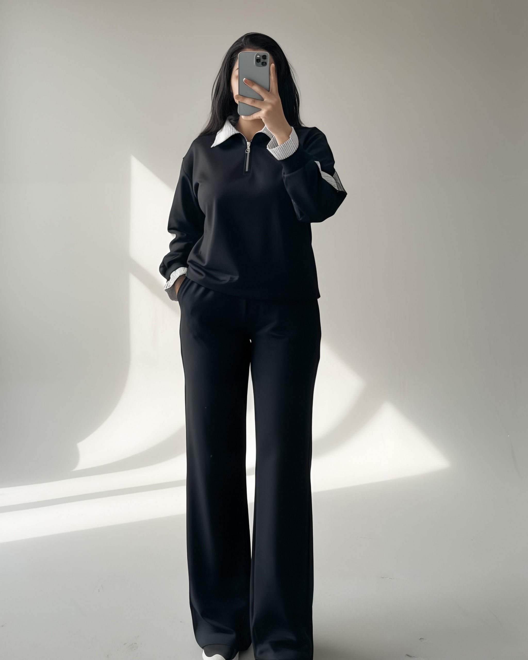 Striped Collar Panel Set | Black - Eva Fashion - Online Clothing Store for Women