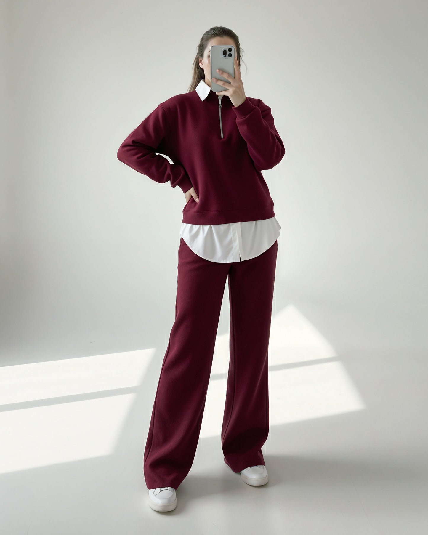 Layered Collar Half Zip Set | Burgundy - Eva Fashion - Online Clothing Store for Women