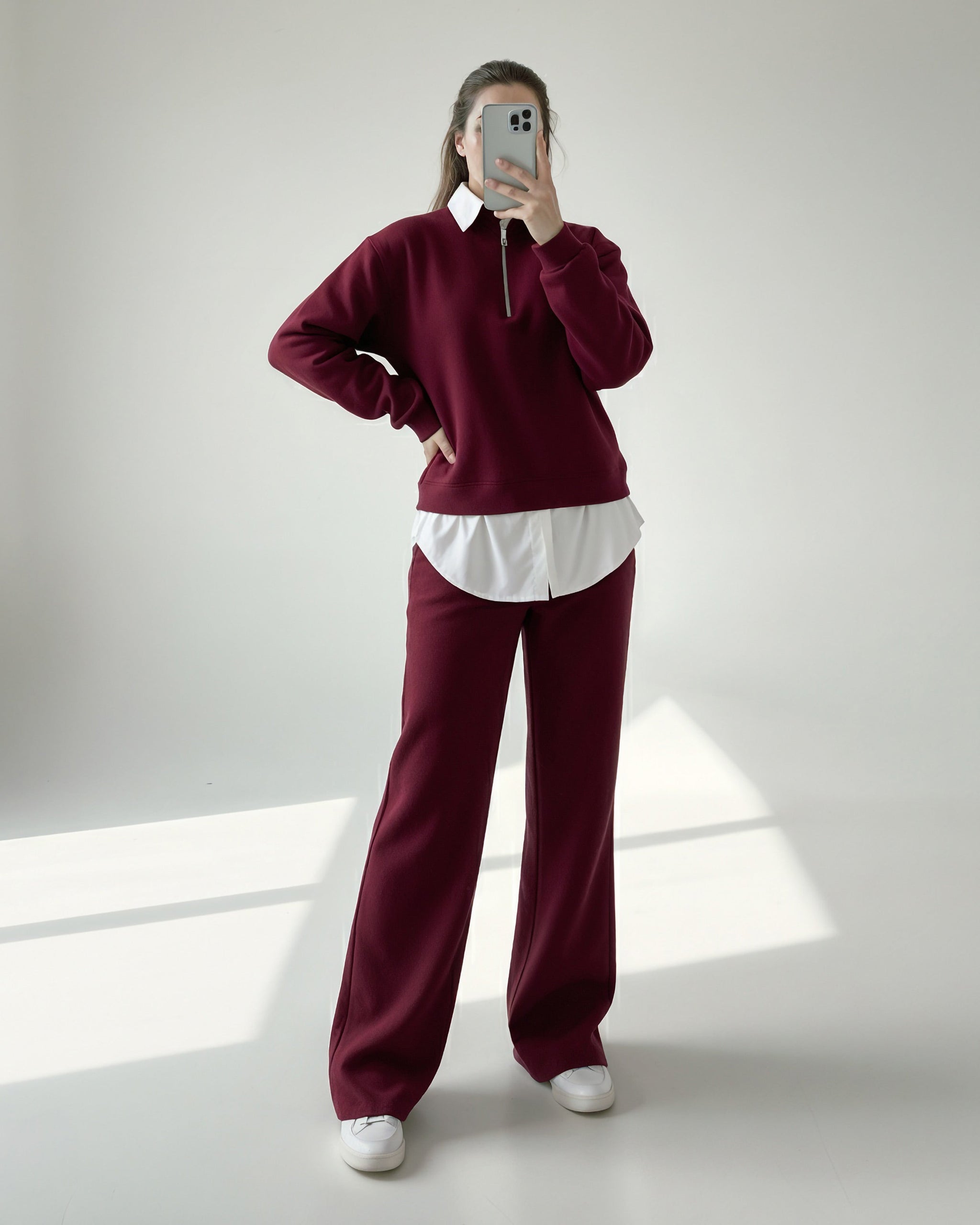Layered Collar Half Zip Set | Burgundy - Eva Fashion - Online Clothing Store for Women