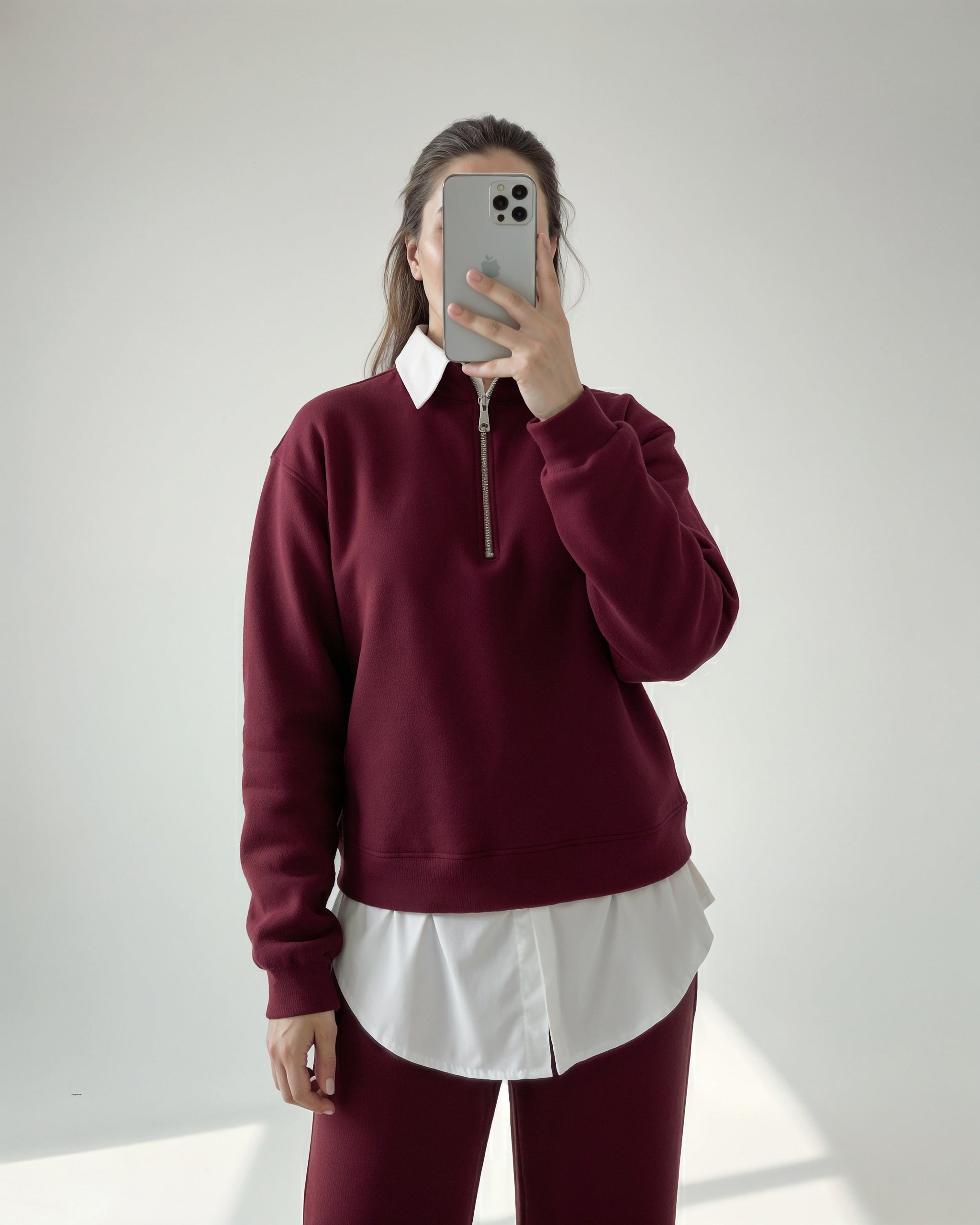 Layered Collar Half Zip Set | Burgundy - Eva Fashion - Online Clothing Store for Women