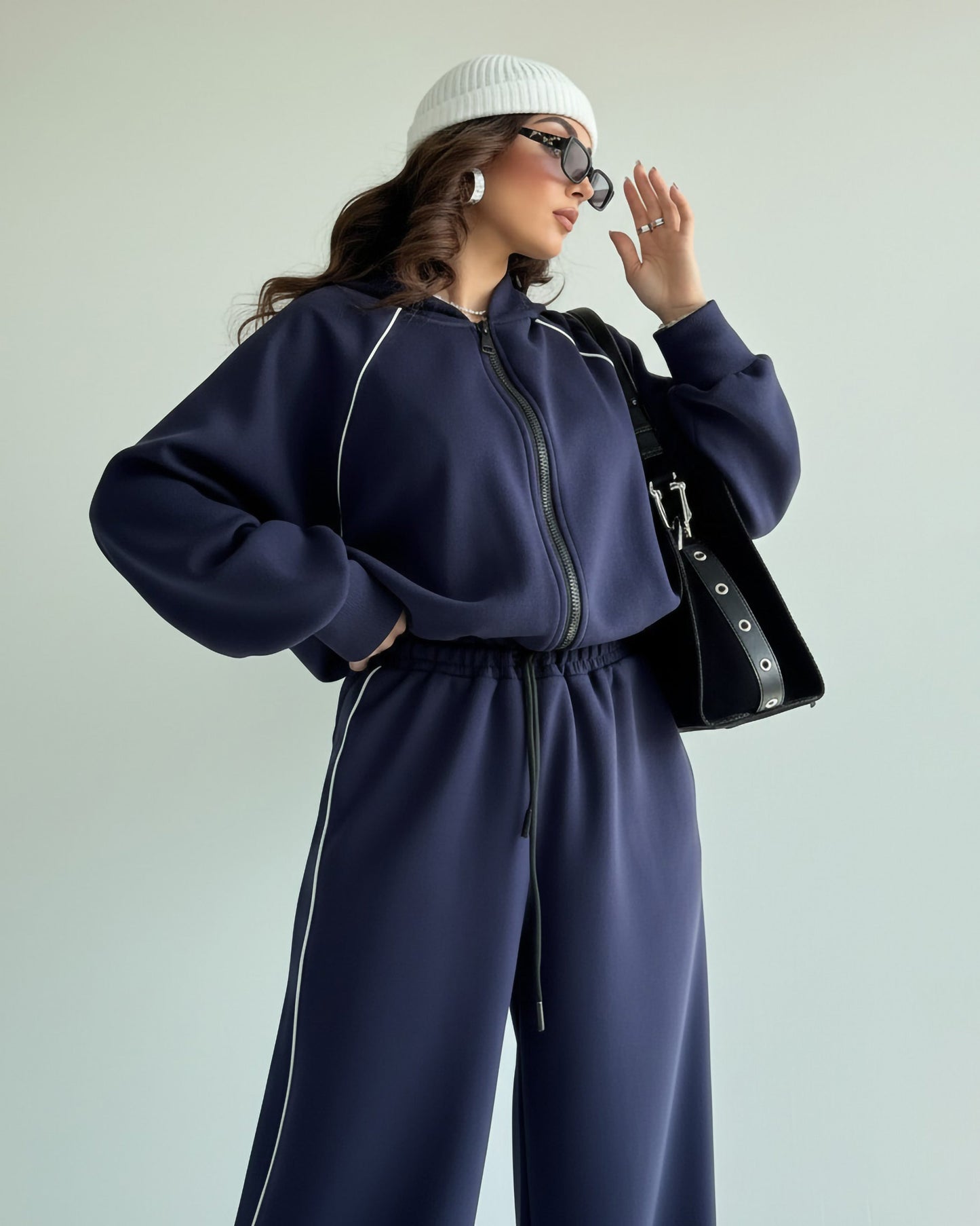 Contrast Piping Zip-Up Tracksuit | Dark Blue - Eva Fashion - Online Clothing Store for Women