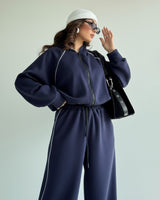 Contrast Piping Zip-Up Tracksuit | Dark Blue - Eva Fashion - Online Clothing Store for Women