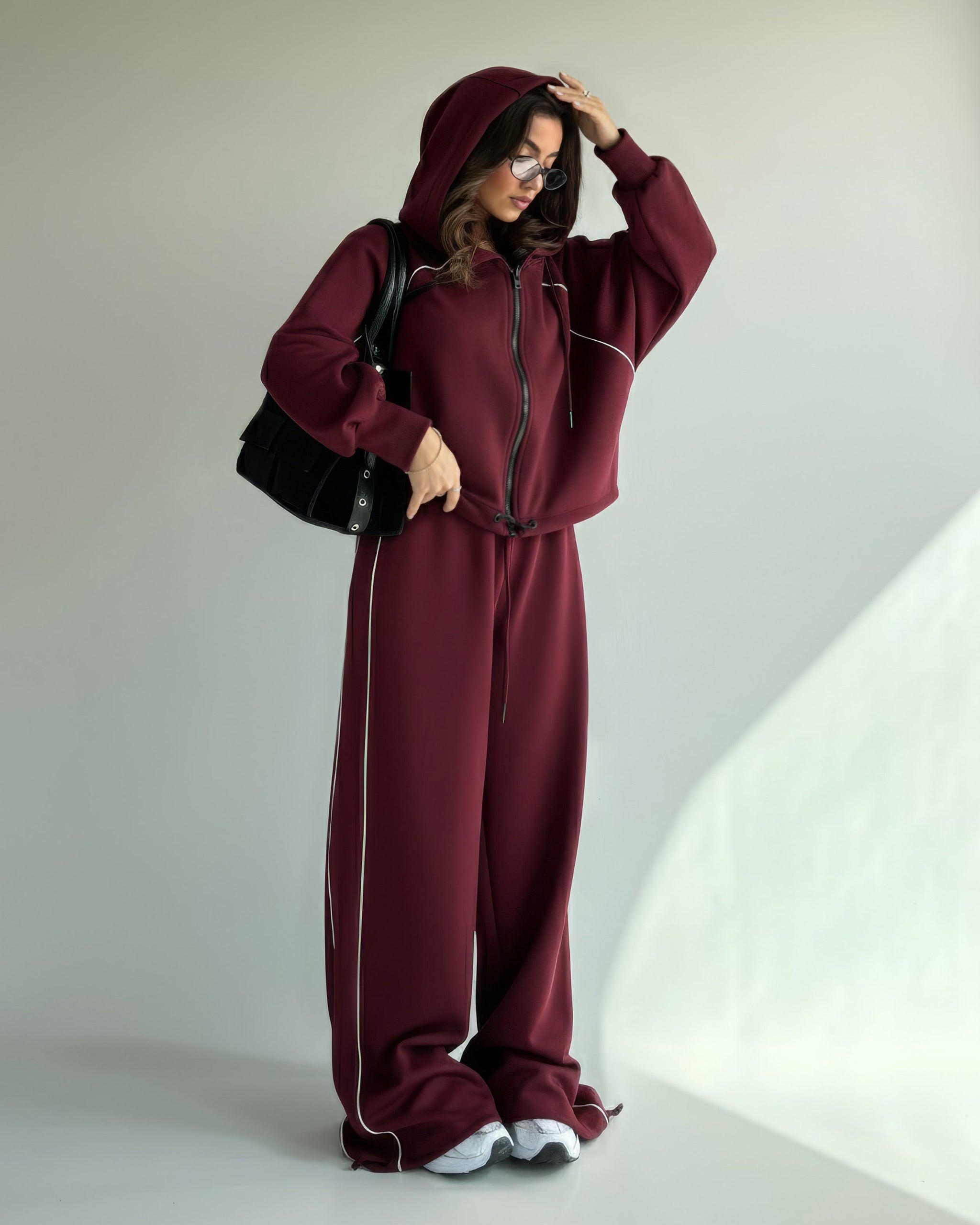 Contrast Piping Zip-Up Tracksuit | Burgundy - Eva Fashion - Online Clothing Store for Women
