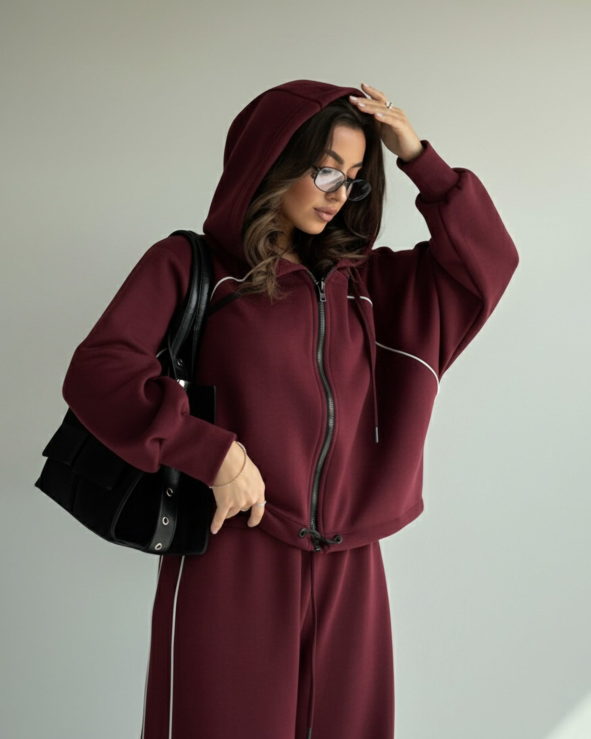 Contrast Piping Zip-Up Tracksuit | Burgundy - Eva Fashion - Online Clothing Store for Women