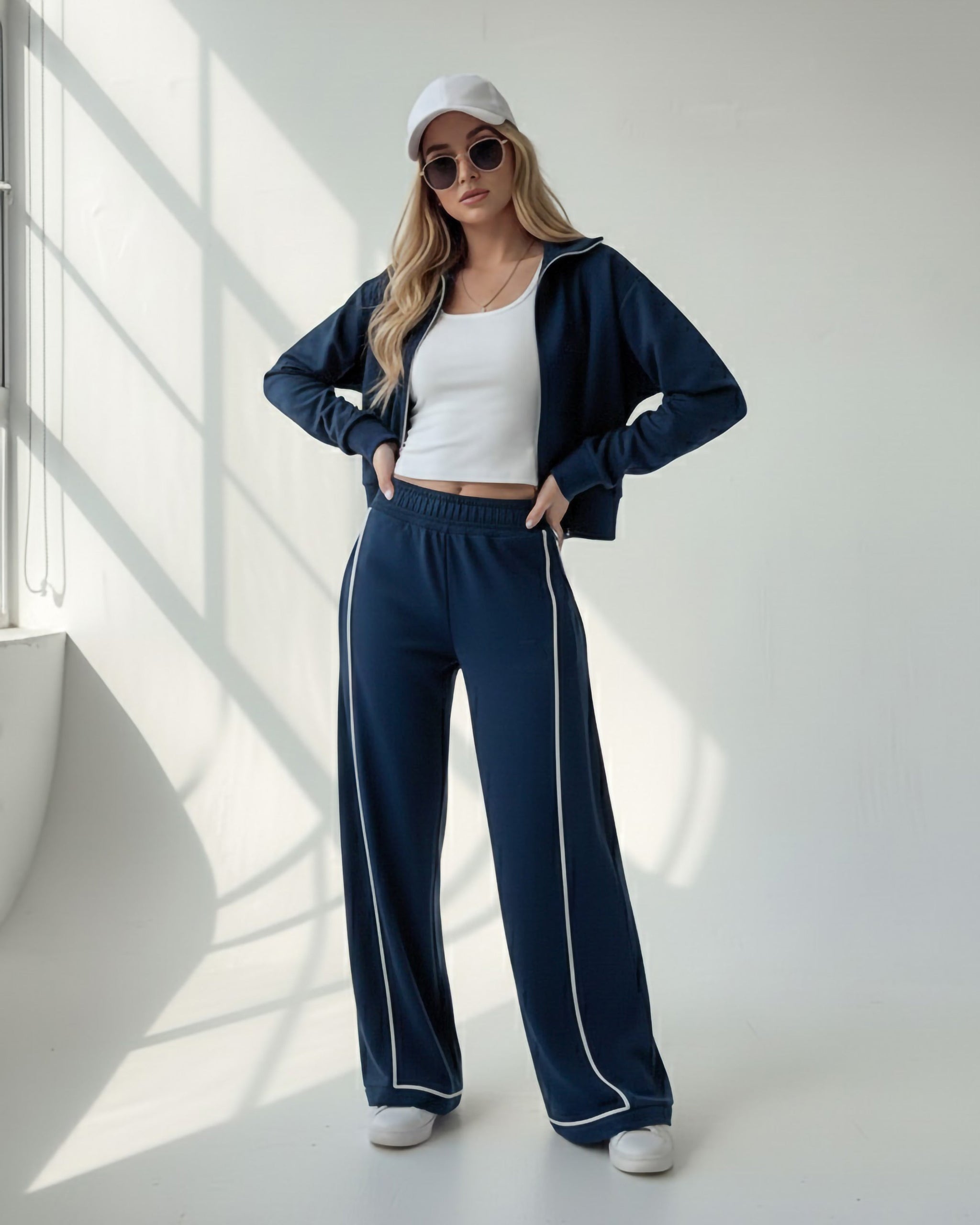 Contrast Piping Zip-Up Tracksuit | Dark Blue - Eva Fashion - Online Clothing Store for Women