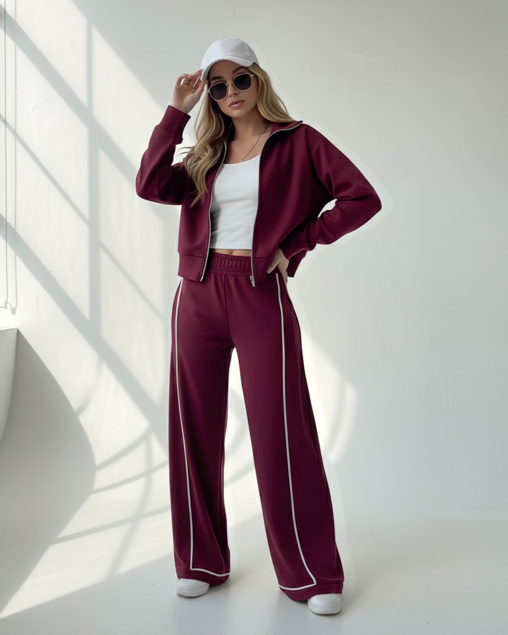 Contrast Piping Zip-Up Tracksuit | Burgundy - Eva Fashion - Online Clothing Store for Women