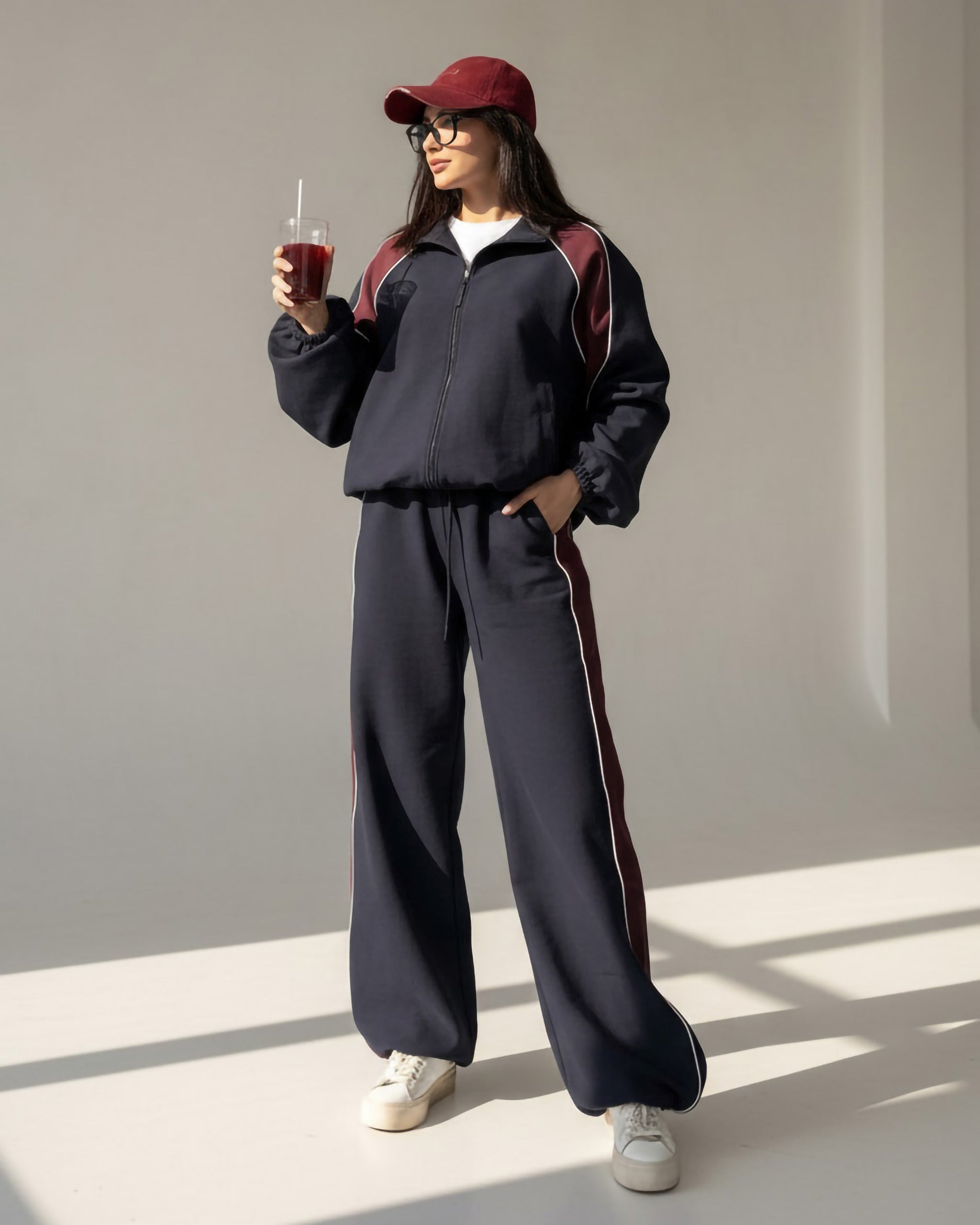 Contrast Panel Zip-Up Tracksuit | Dark Blue - Eva Fashion - Online Clothing Store for Women