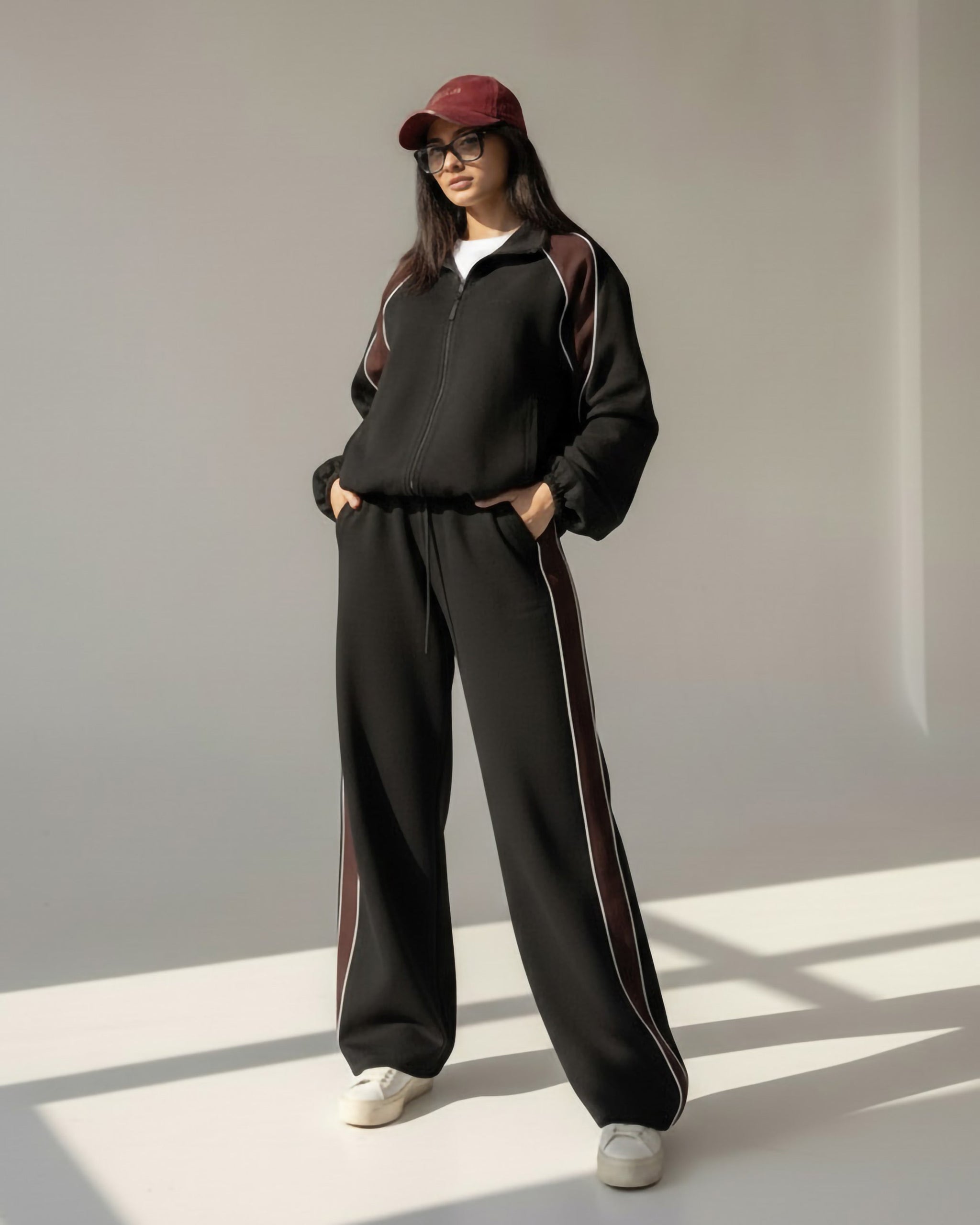Contrast Panel Zip-Up Tracksuit | Black - Eva Fashion - Online Clothing Store for Women