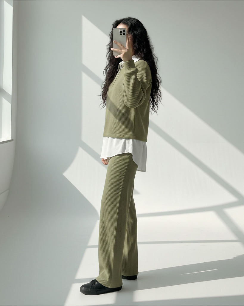 Ribbed Half Zip Knit Lounge Set | Olive - Eva Fashion - Online Clothing Store for Women