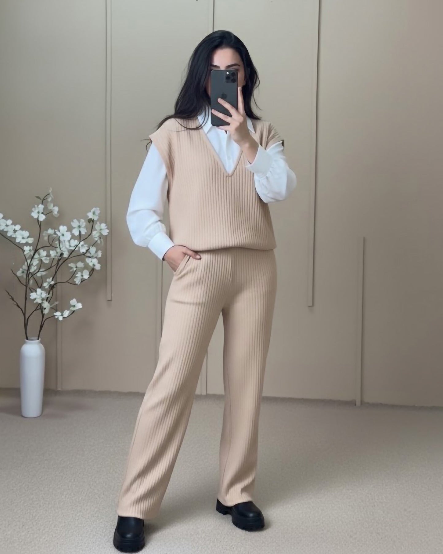 Ribbed Knit 3-Piece Set | Beige - Eva Fashion - Online Clothing Store for Women