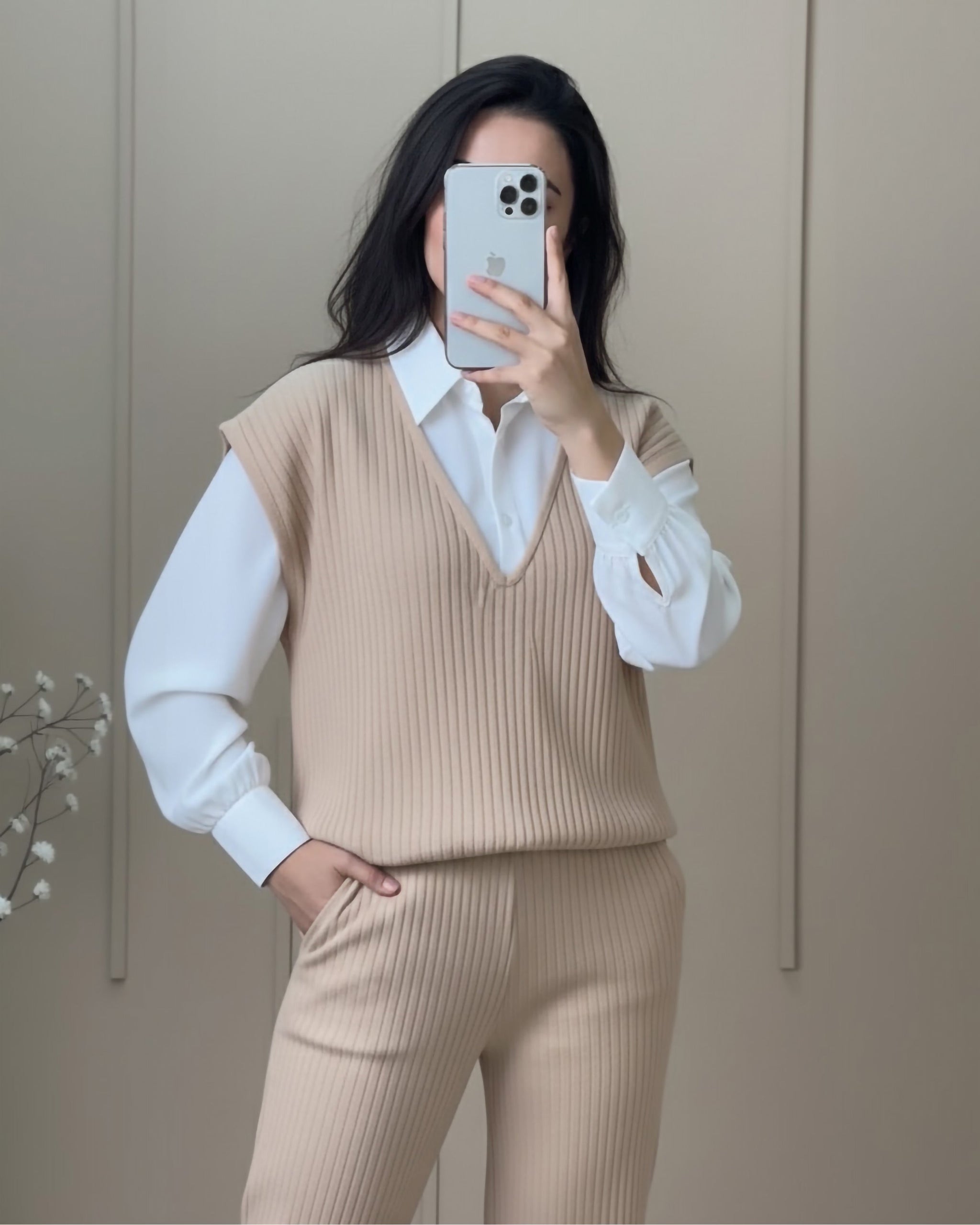 Ribbed Knit 3-Piece Set | Beige - Eva Fashion - Online Clothing Store for Women