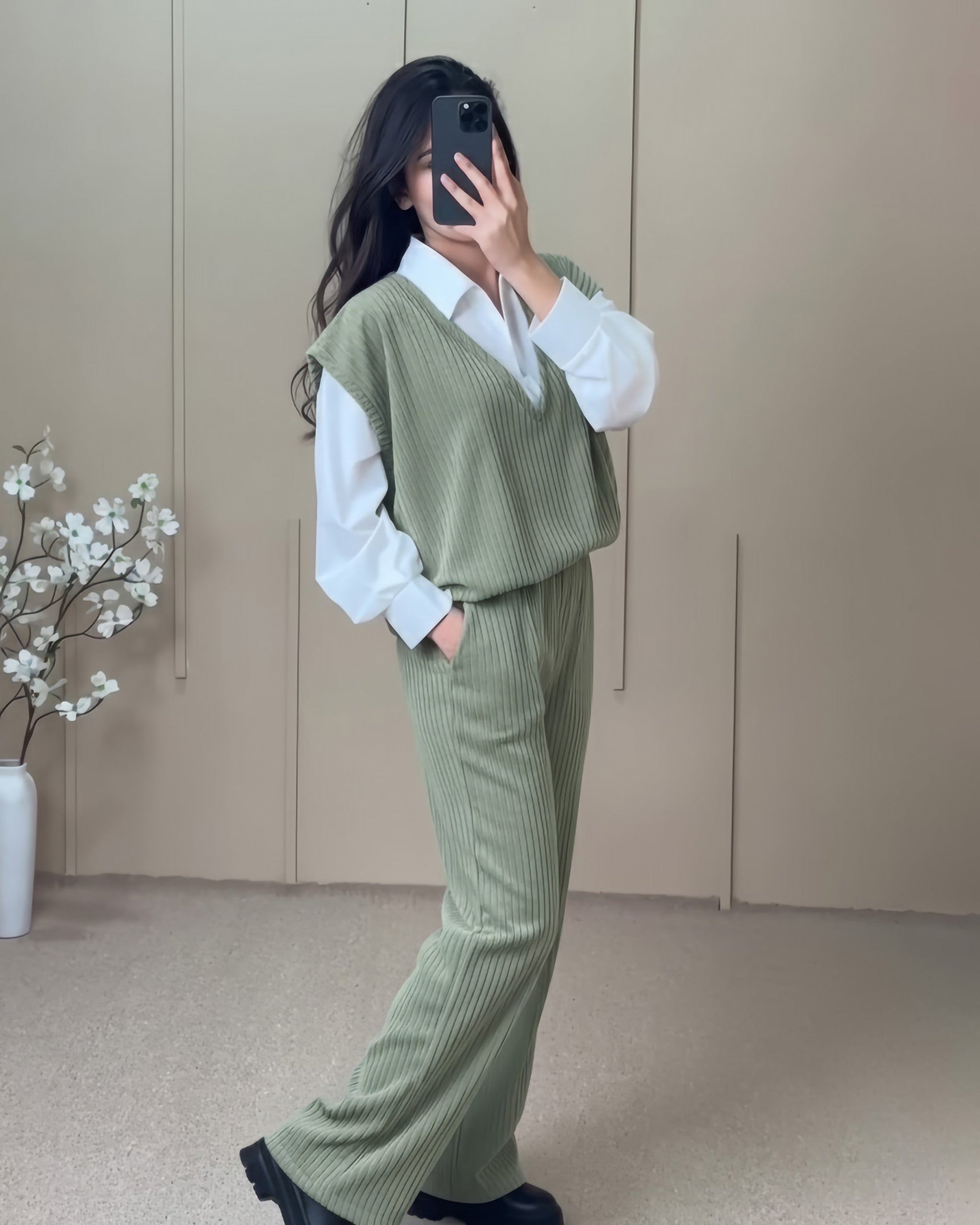 Ribbed Knit 3-Piece Set | Olive - Eva Fashion - Online Clothing Store for Women