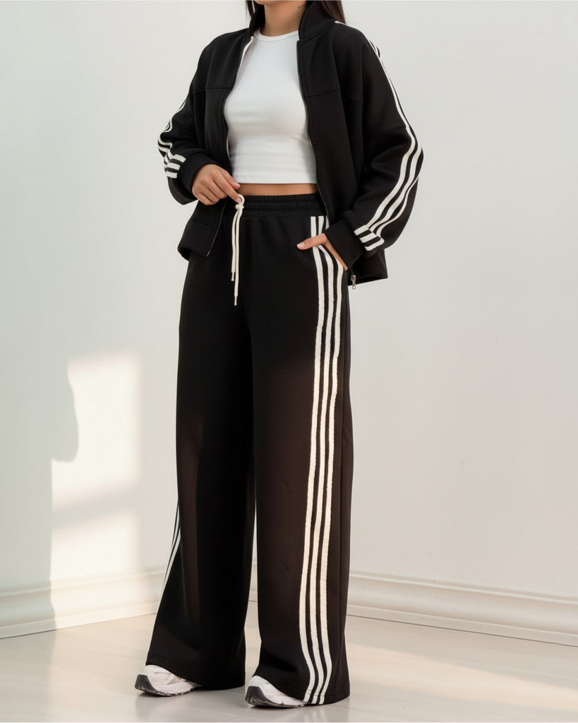 Triple Stripe Zip-Up Tracksuit | Black - Eva Fashion - Online Clothing Store for Women