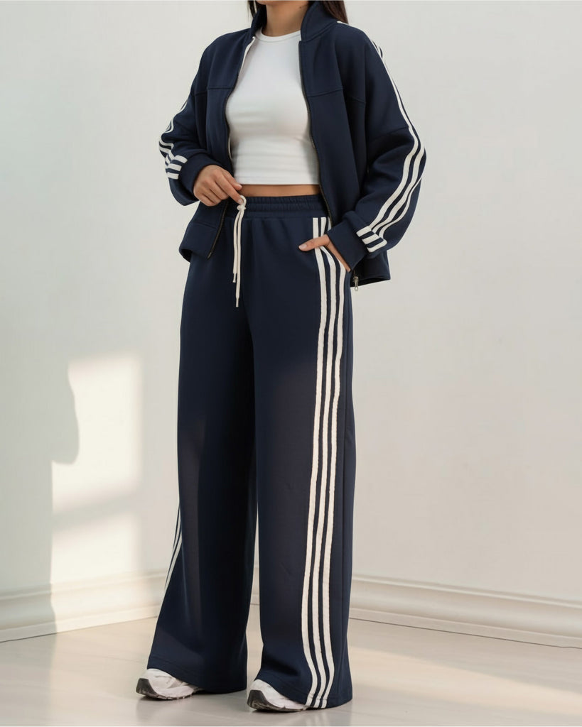 Triple Stripe Zip-Up Tracksuit | Dark Blue - Eva Fashion - Online Clothing Store for Women