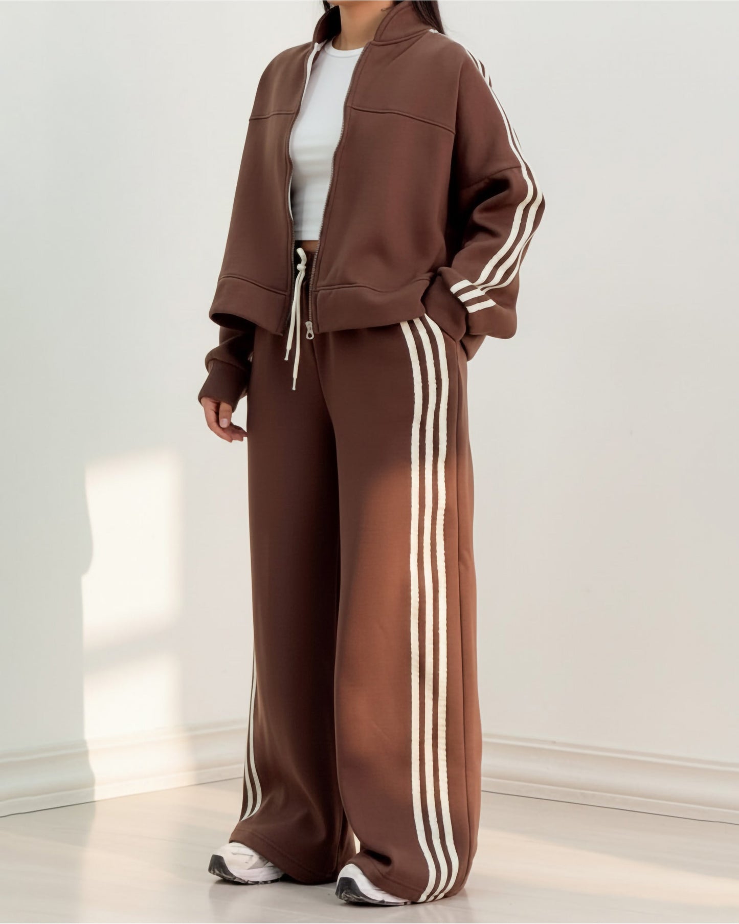 Triple Stripe Zip-Up Tracksuit | Brown - Eva Fashion - Online Clothing Store for Women