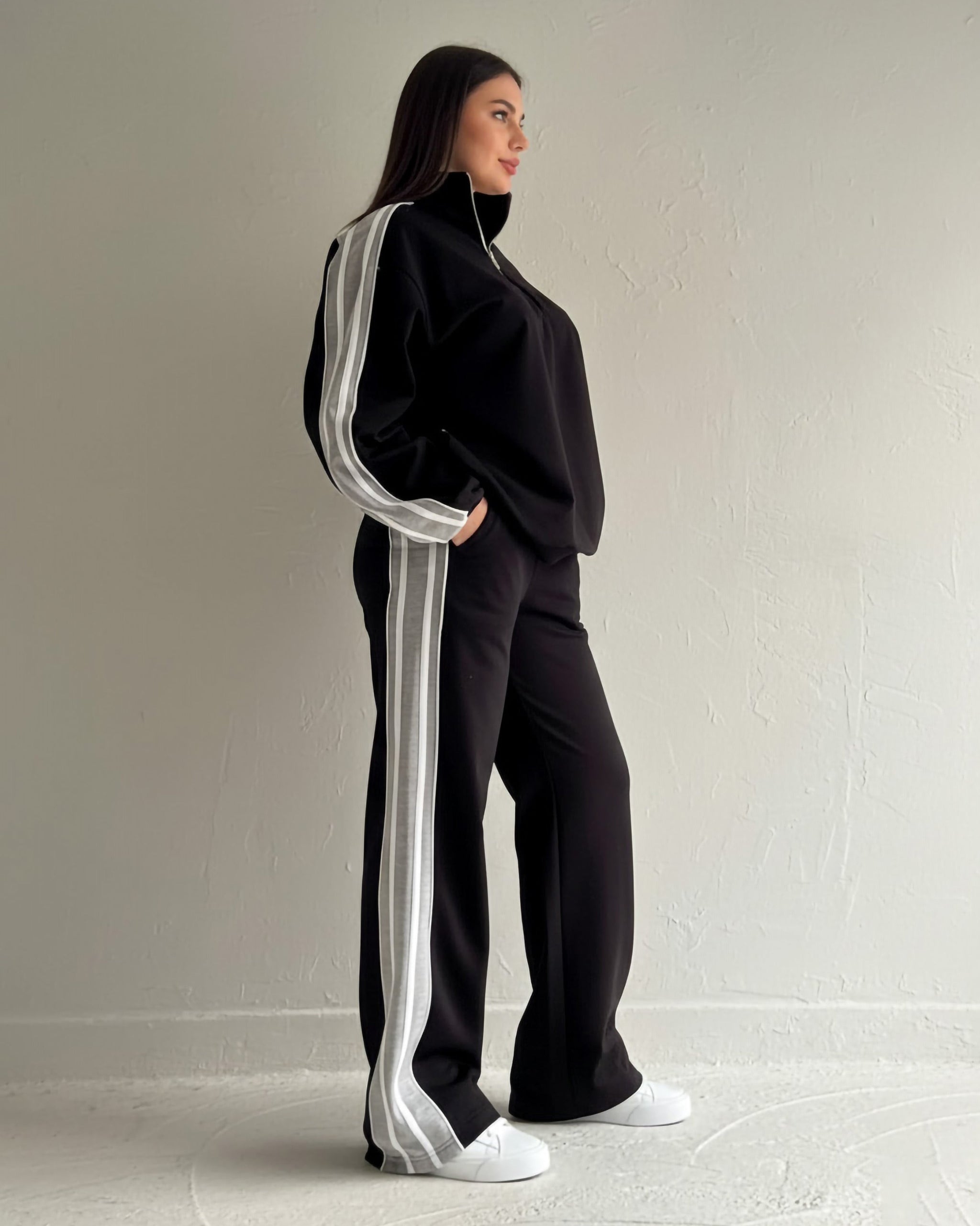 Contrast Stripe High Neck Tracksuit | Black - Eva Fashion - Online Clothing Store for Women