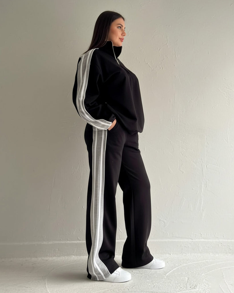 Contrast Stripe High Neck Tracksuit | Black - Eva Fashion - Online Clothing Store for Women