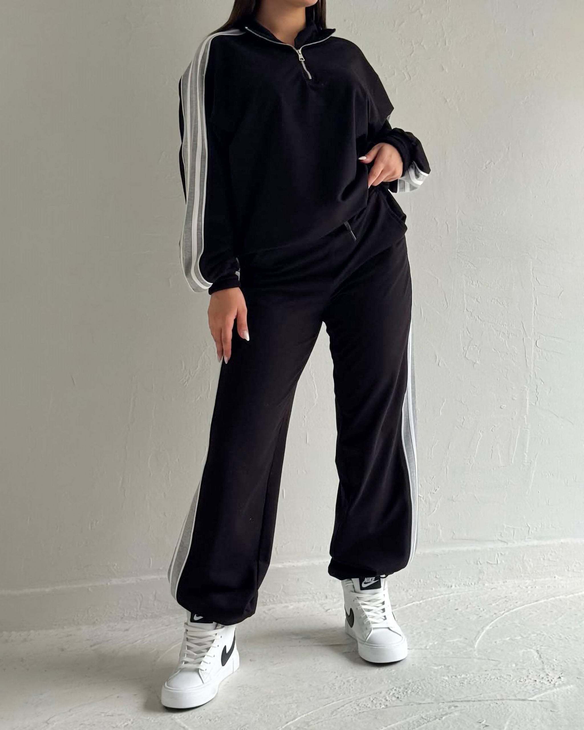 Contrast Stripe High Neck Tracksuit | Black - Eva Fashion - Online Clothing Store for Women
