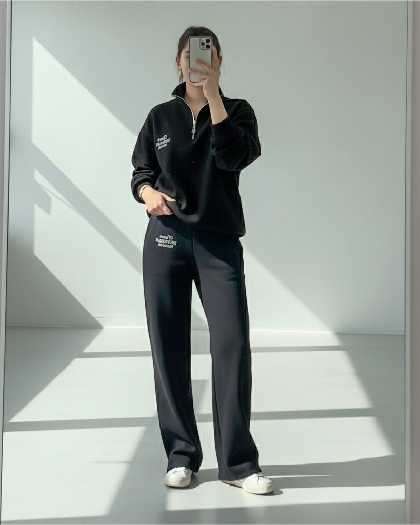 Printed Half-Zip Tracksuit | Black - Eva Fashion - Online Clothing Store for Women