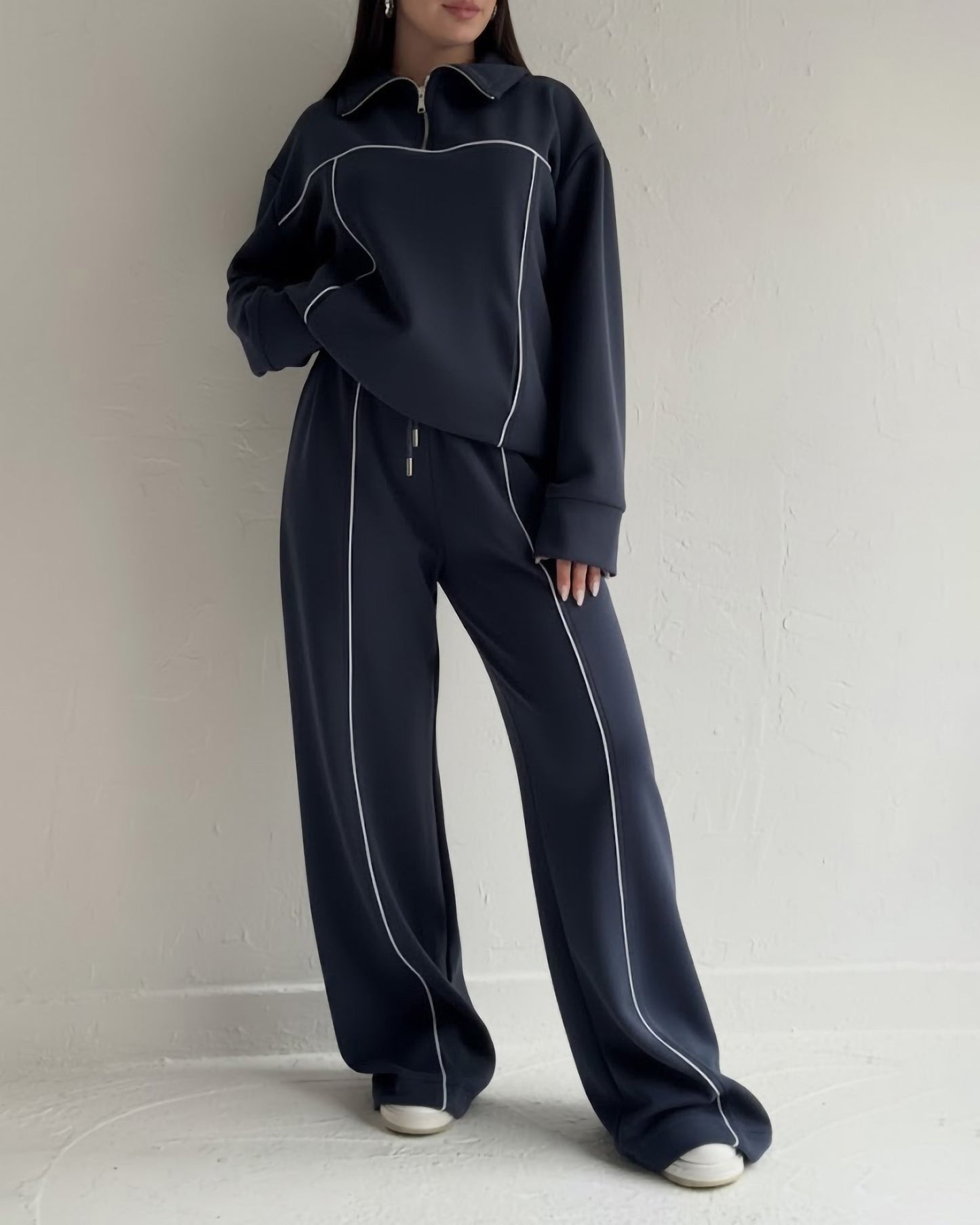 Contrast Stitch Half-Zip Tracksuit | Dark Blue - Eva Fashion - Online Clothing Store for Women