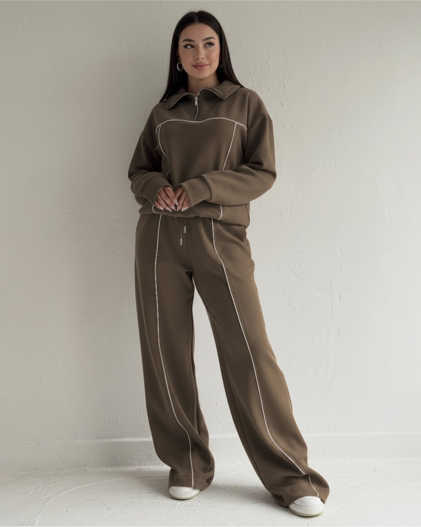 Contrast Stitch Half-Zip Tracksuit | Mocha Brown - Eva Fashion - Online Clothing Store for Women
