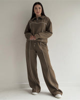 Contrast Stitch Half-Zip Tracksuit | Mocha Brown - Eva Fashion - Online Clothing Store for Women