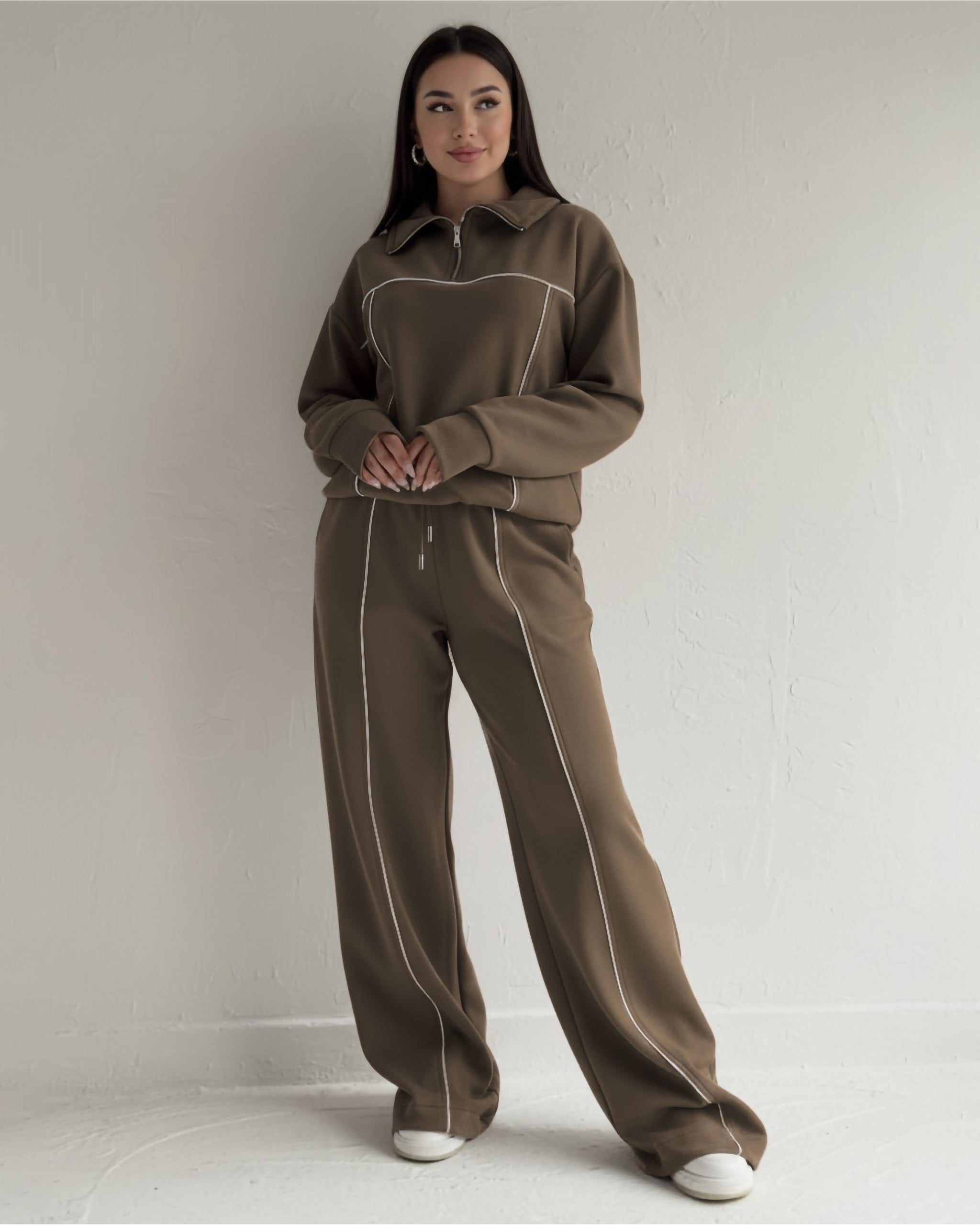 Contrast Stitch Half-Zip Tracksuit | Mocha Brown - Eva Fashion - Online Clothing Store for Women
