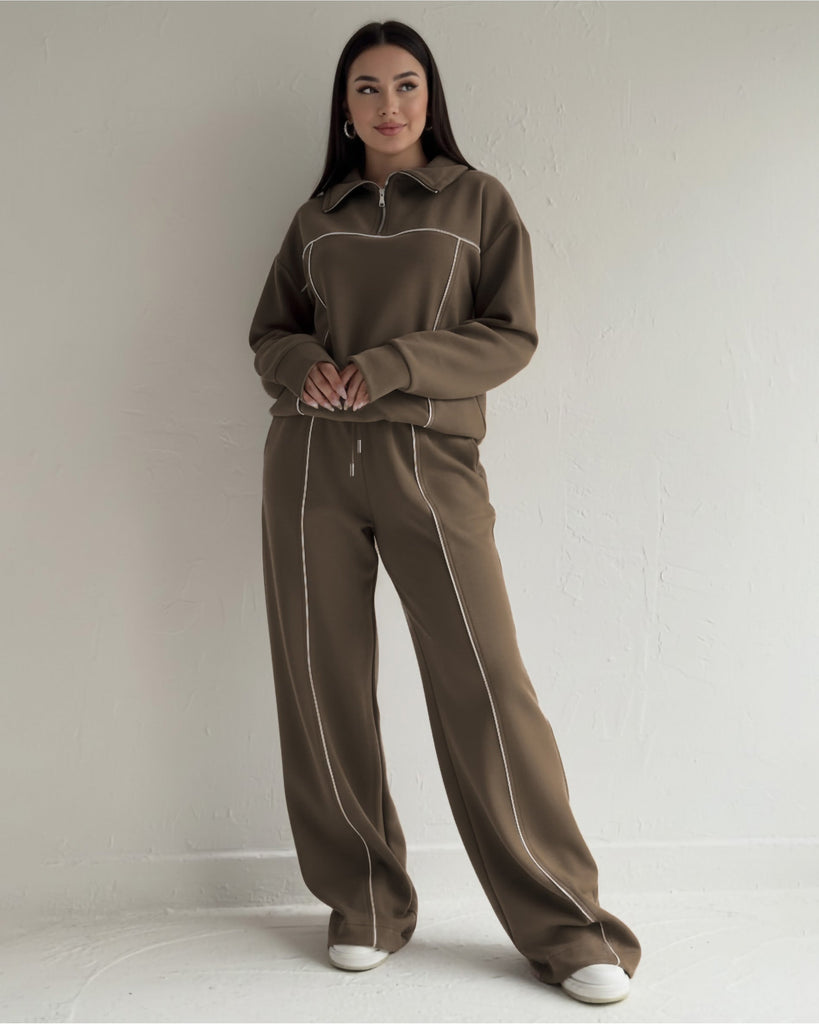Contrast Stitch Half-Zip Tracksuit | Mocha Brown - Eva Fashion - Online Clothing Store for Women