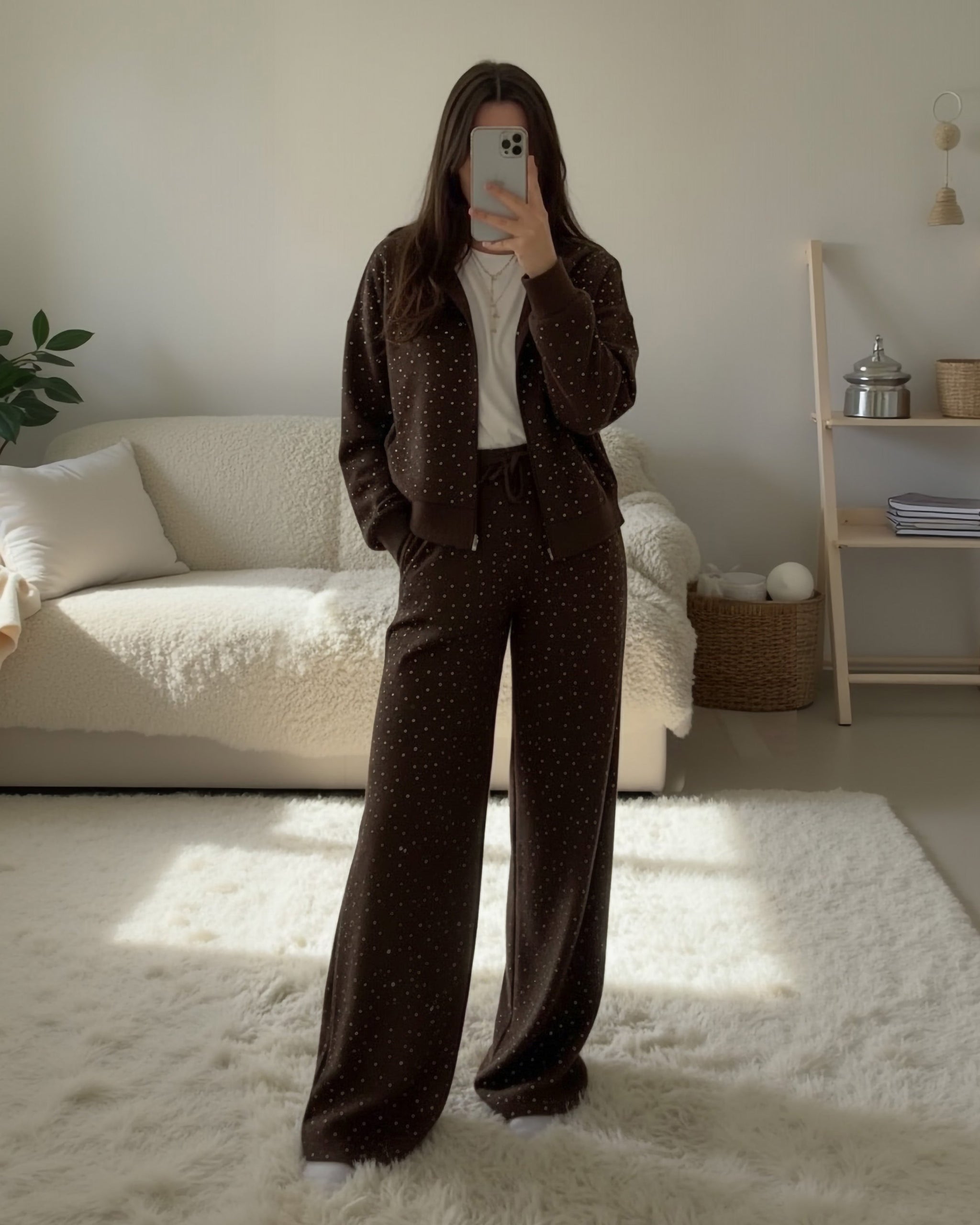 Rhinestone Zip-Up Tracksuit | Brown - Eva Fashion - Online Clothing Store for Women